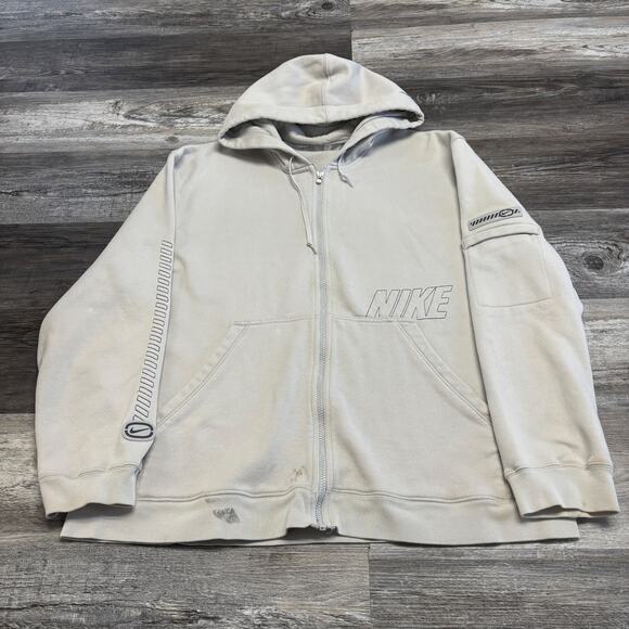 Vintage Y2K Nike White Mens XXL Full Zip Spell Out Swoosh Ribbed Pocket Hoodie - Picture 2 of 11